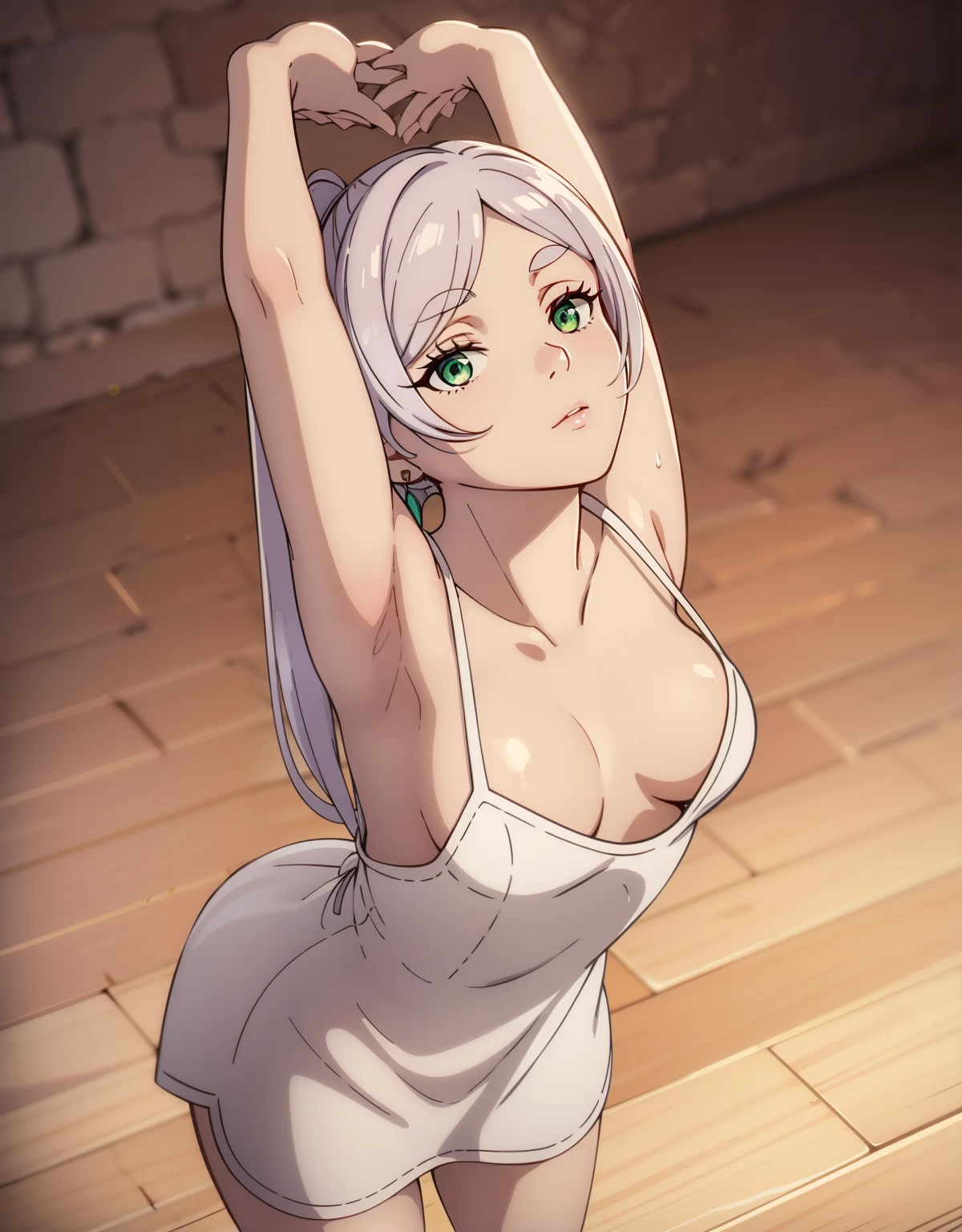 (Best Quality, Masterpiece),sexy,  erotic, 18+, nsfw, 1girl, 18 years old, Contempt, pride, long silver hair,sparkling eyes, ((standing)), (((stretching))), ((green eyes)), ((two ponytails)), white dress, (((from above))), small boobs