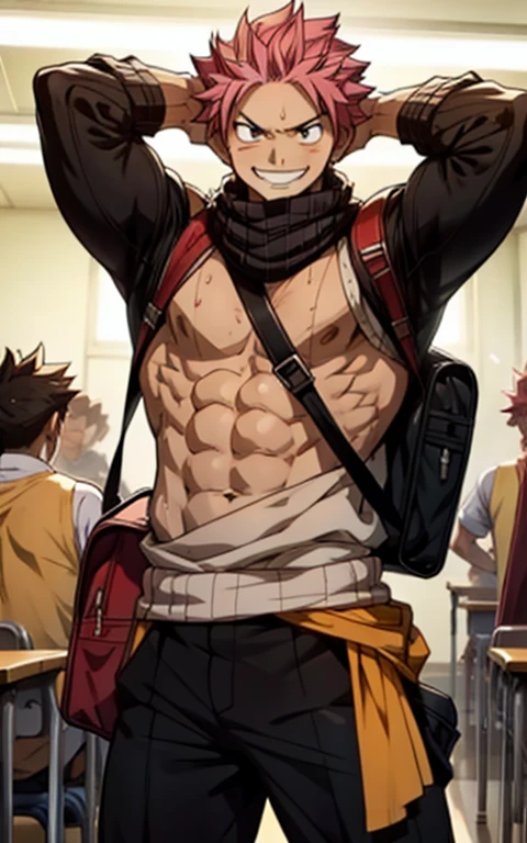 Buff man sweating in school with legs spread hands behind head, Natsu Dragneel smiling, bag pack
