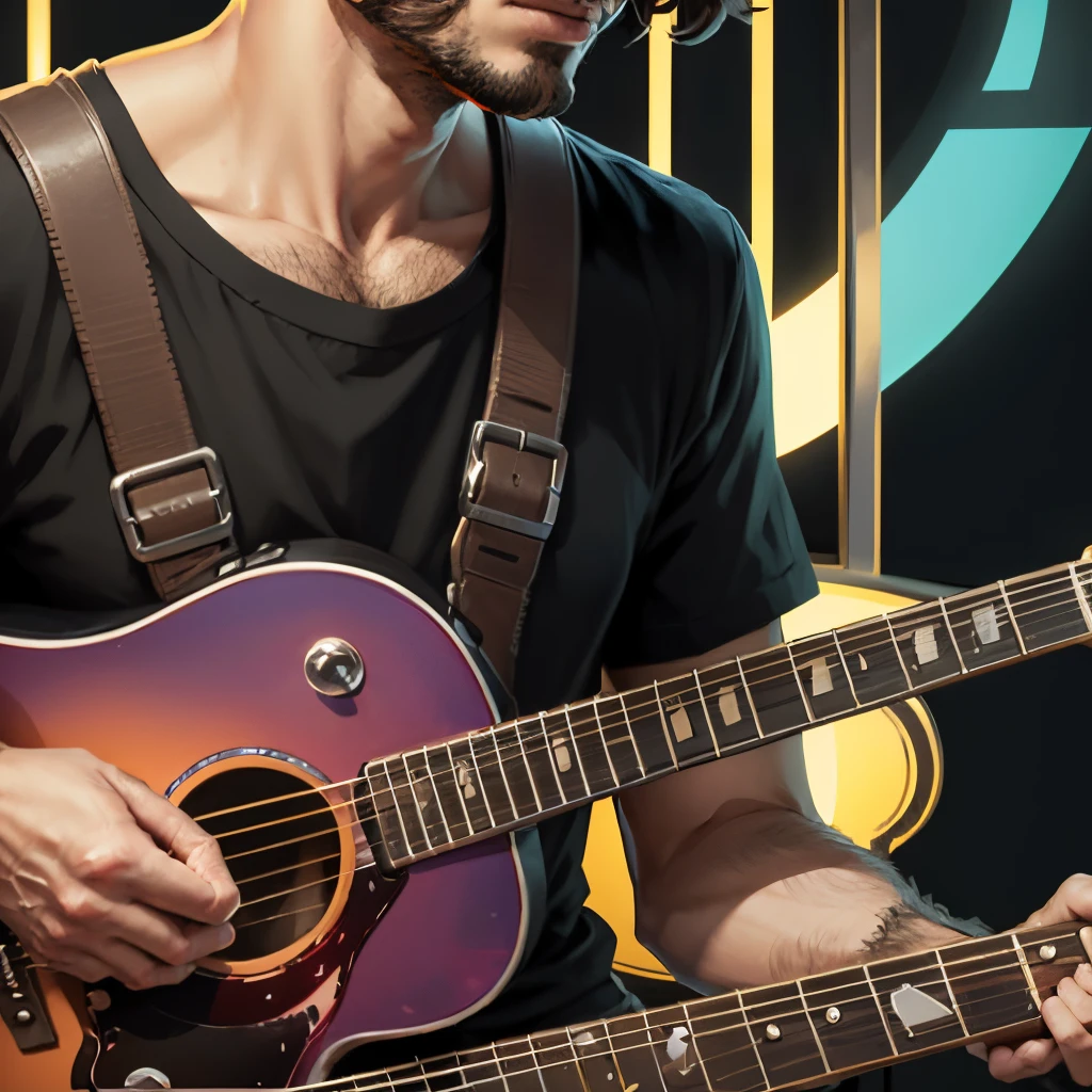 40-year-old Italian man, square face, black, transparent and round glasses, black shirt, short hair (degrade). Play guitar inside a spaceship. The guitar with the initials “TB”. vector drawing style. colorful. --auto --s2