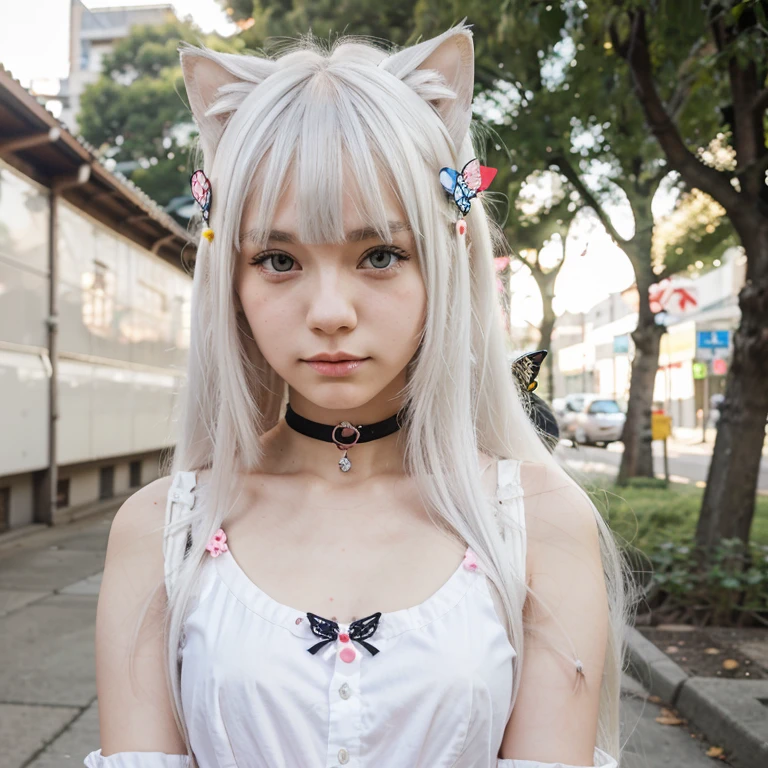 A teenage neko girl, who adheres to kawaii fashion, with long straight white hair with a small butterfly clip on her bangs, her eyes are a bright shade of red