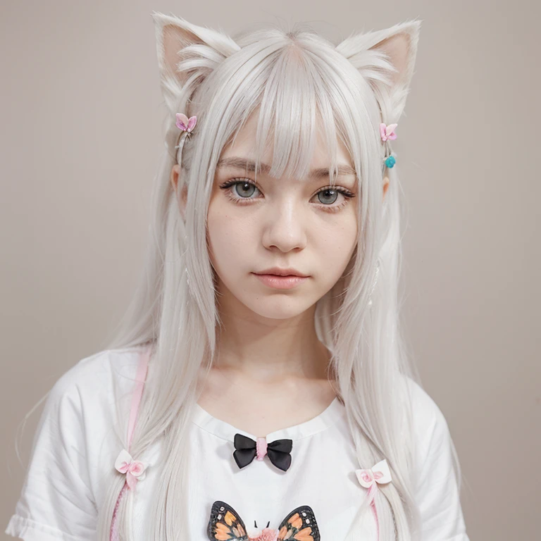 A teenage neko girl, who adheres to kawaii fashion, with long straight white hair with a small butterfly clip on her bangs, her eyes are a bright shade of red