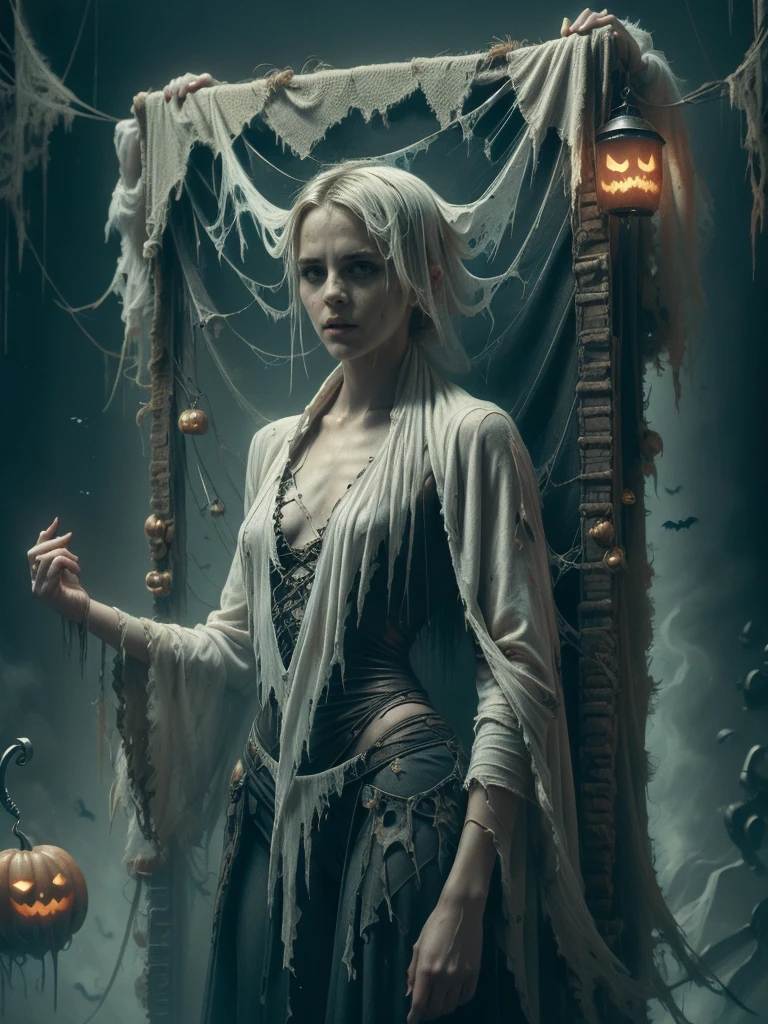 (ghost, spirits), Emma Watson, medium shot, (palms pressed against canvas), ghostly body, ghostly clothes, (detailed clothes), ghost in background, spirit energy, trapped in a haunted oil painting, hyperrealism, ghostly, trapped, (screaming), peter mohrbacher, pierre terblanche, trending on artstation, ghostlystyle