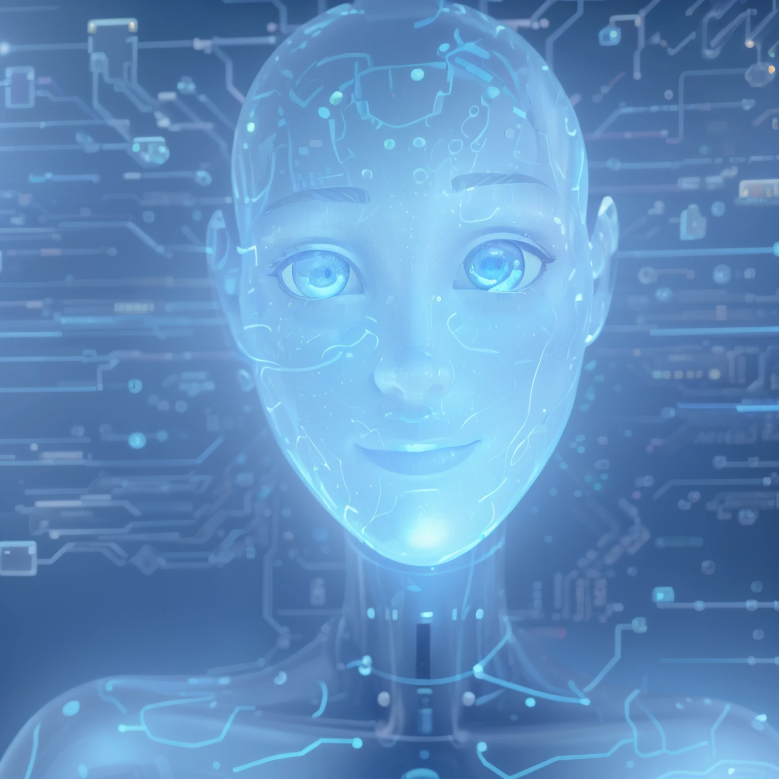 a close up of a person's head with a lot of bubbles, blue holographic face, circuitry visible in head, detailed face of an android, beauty woman in holograms, detailed glowing head, cybernetic faces, portrait of male humanoid, transparent holographic being, the coming ai singularity, cybernetic machine female face, portrait of female humanoid