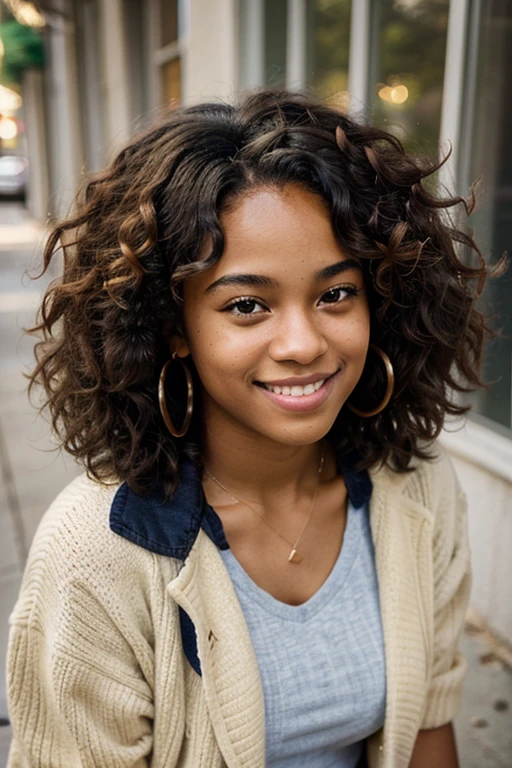 'Create an image of a confident 18-year-old African American girl with a casual style, curly hair, and a warm smile. Highlight her individuality and capture a sense of positivity in her expression.'"