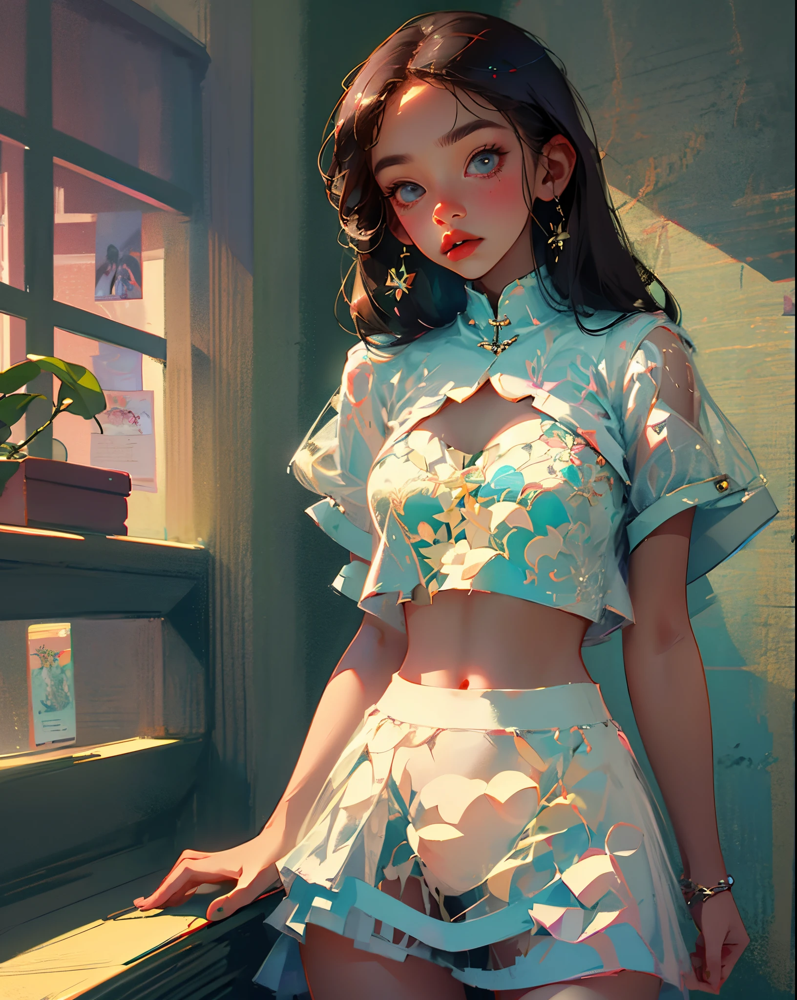young girl wearing a crop top and a white skirt lifts her skirt a little bit so you can see her panties --auto --s2