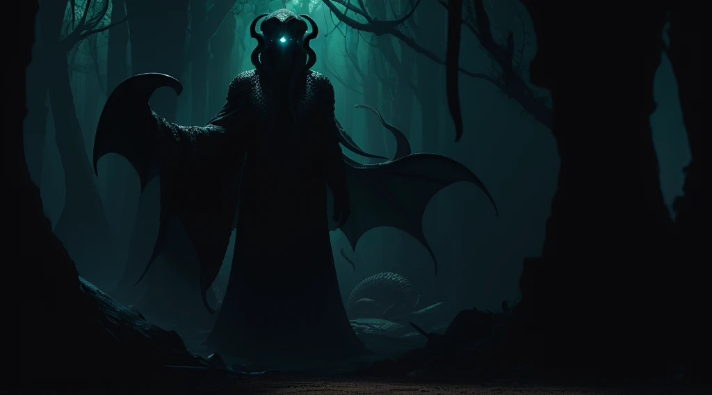 um ser dos mythos de cthulhu com chivres grandes roupas da realeza e um buraco ao enves de um rosto