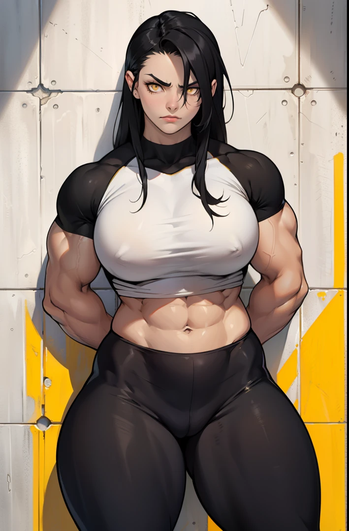 1girl muscular pale skin black hair yellow eyes black against wall frown tight shirt leggings thick thick thick thick muscular muscular
