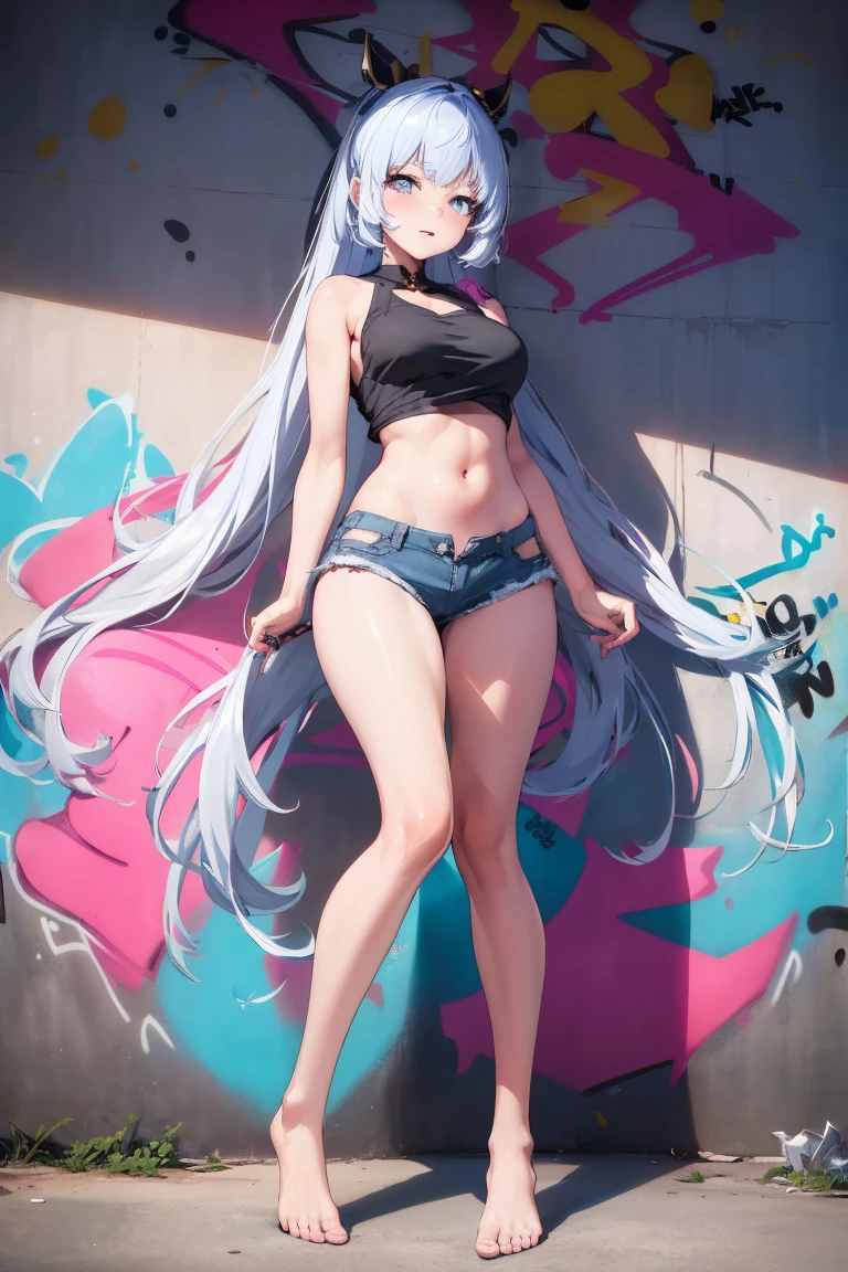 Full body photo，Natural standing posture，from below，Ayaka Kamisato|genshin impact, tmasterpiece, Best quality, Proportional body, Lengthen the legs, The beautiful, Proportional，1 plump girl, 5,lightblue hair，Long gray hair， overmany, Crop top, denim short, overmany,bare-legged ,The barefoot，only, Crop top,, black corset,with black background，solid color backdrop， (graffiti on wall:1.5), Splash with purple lightning pattern., place one's arms behind one's back, against a wall, Look at the audience from the front., thigh band, tilt of the head, boring,