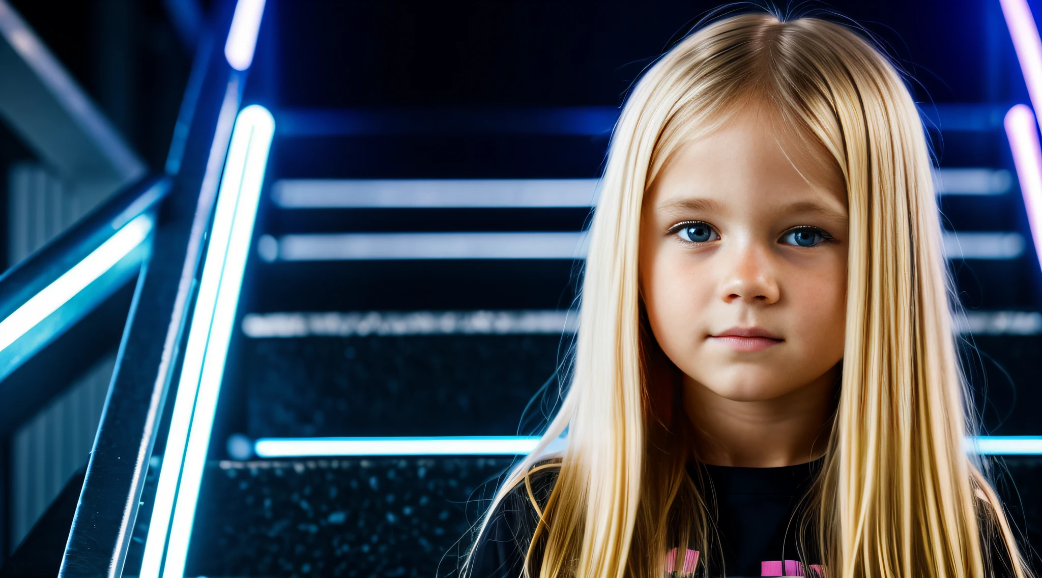 there is a young blonde with long hair. fechar para cima, neon lights, Stairs to the sky.