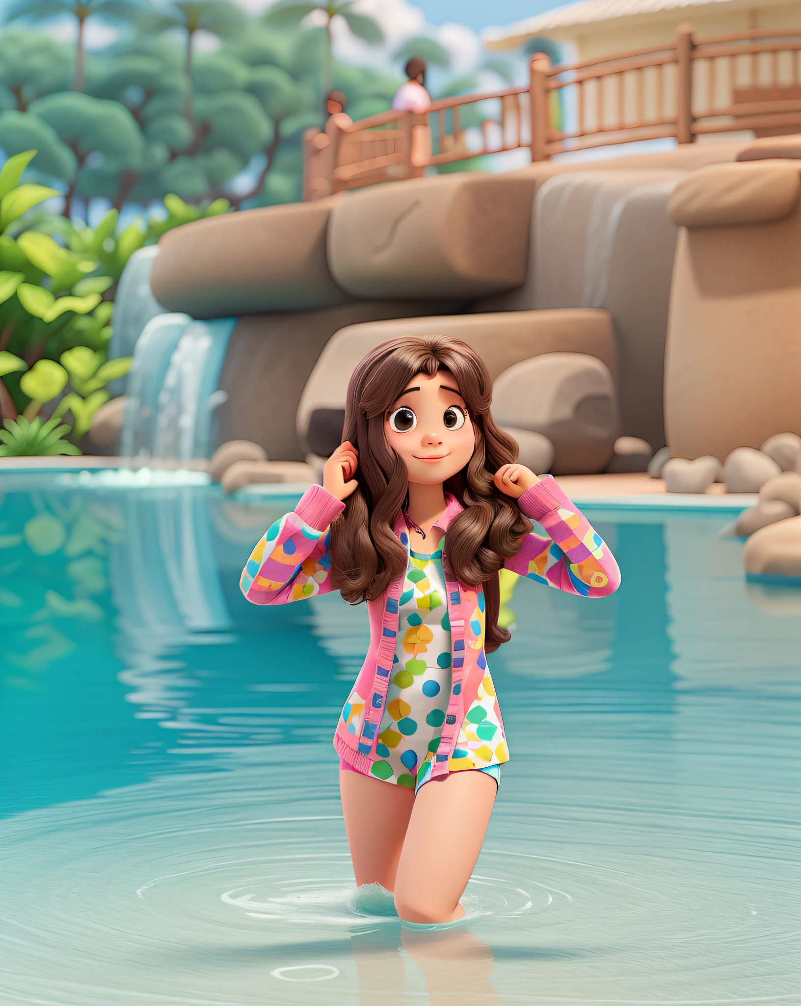 a 10-year-old girl with white swimming goggles and long dark brown hair, has brown eyes, wears a dark blue bikini swimming lessons