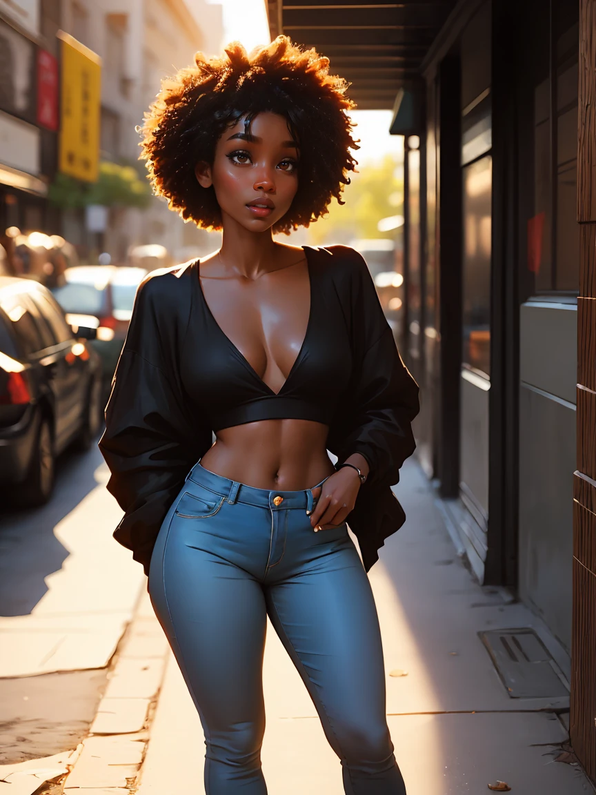 Dark-skin Gorgeous black woman with cinnamon skin with butterflies , bright colors, vivid, intricate,Ultra HD picture quality masterpiece, full body, alluring, urban hip hop casual shirt and blue jeans, wlop, Stanley Artgerm, character design, watercolor art, "(best quality,ultra-detailed),Dark Ebony skin,Ebony skinned female:1.1,beautiful detailed brown eyes, beautiful detailed lips, straight black hair, African art, chocolate skin color, dark skin, dark skinned, ebony nose, matte illustration, mythical pathway