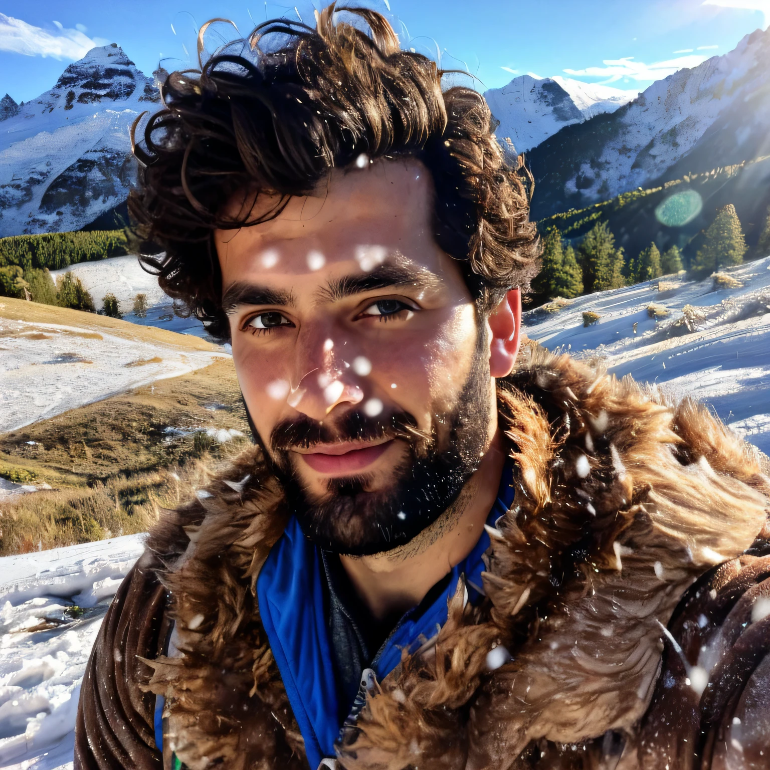 photorealistic, natural light, handsome italian man, will sharpe, 28 years old, lean and well defined body, stubble beard, wears ski clothes, stubble, brown curly hair, brown eyes, messy hair, taking a selfie in in the snow mountains, seen from the front