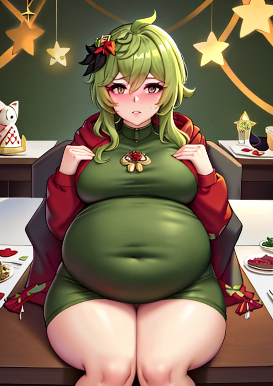 big belly, sitting, pregnant, fat, large stomach, fatty, fat, large belly, standing, fat belly, very fat, large stomach, chubby,very fat, safe for work, obese, giant belly, fat, huge, heavy, very fat, safe for work, fat, large belly, big belly, very fat, large stomach, chubby (best quality, masterpiece), collei genshin impact, Christmas, wearing sweater, table with food, fat, green hair