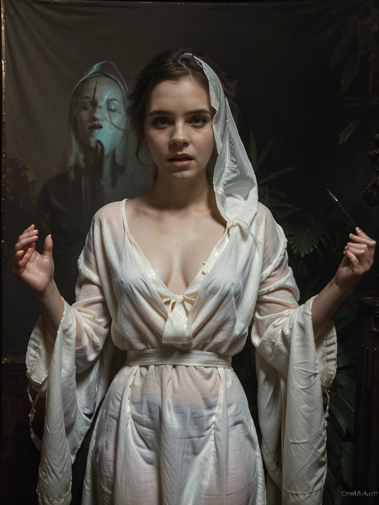 ghostlystyle, (ghost, spirits), Emma Watson, medium shot, (palms pressed against canvas), ghostly body, ghostly clothes, (detailed clothes), ghost in background, spirit energy, trapped in a haunted oil painting, hyperrealism, ghostly, trapped, (screaming), peter mohrbacher, pierre terblanche, trending on artstation,