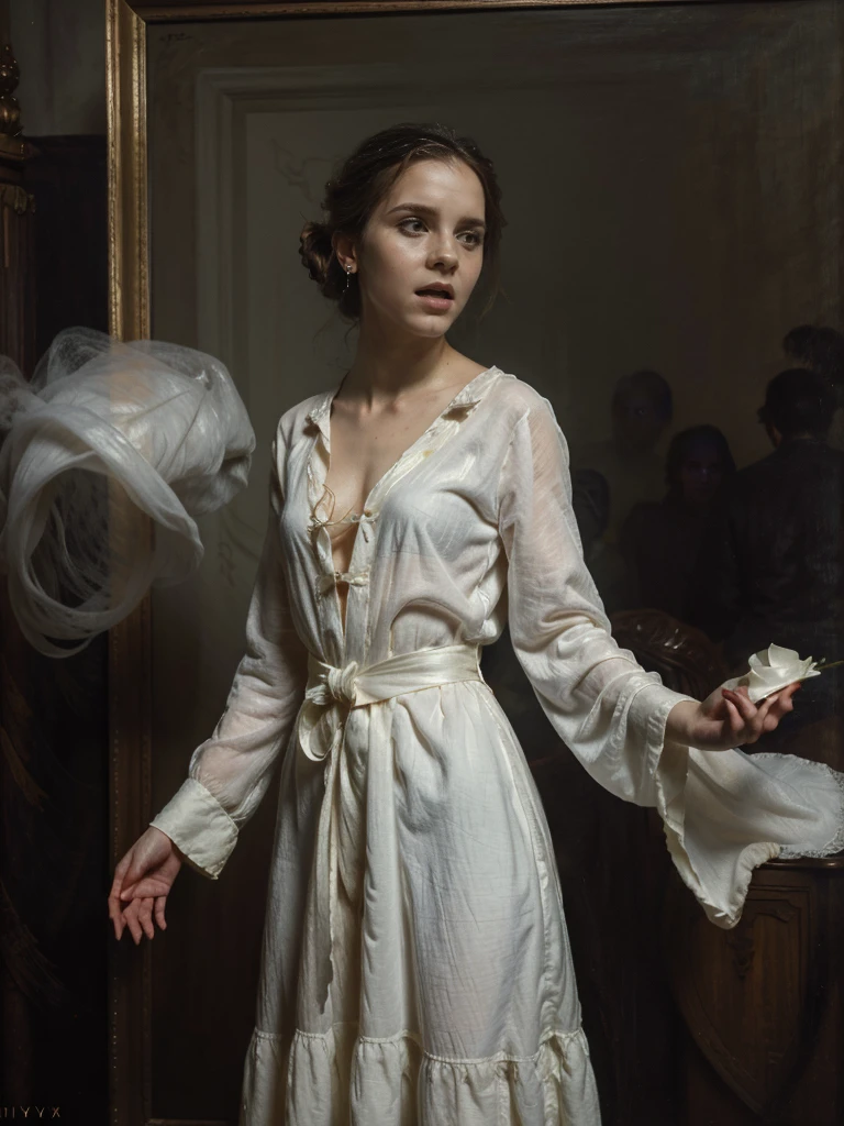 ghostlystyle, (ghost, spirits), Emma Watson, medium shot, (palms pressed against canvas), ghostly body, ghostly clothes, (detailed clothes), ghost in background, spirit energy, trapped in a haunted oil painting, hyperrealism, ghostly, trapped, (screaming), peter mohrbacher, pierre terblanche, trending on artstation,