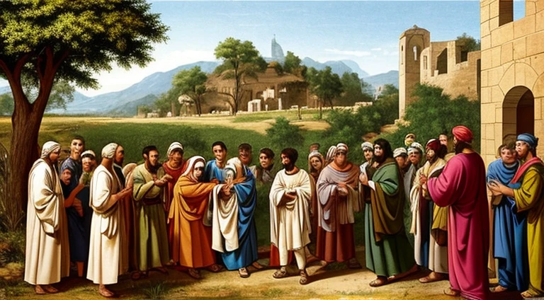 Draw a scene that captures the different expressions in the crowd as they witness Zacchaeus' encounter with Jesus. Highlight perplexity, disapproval, surprise, and possible changes of heart.