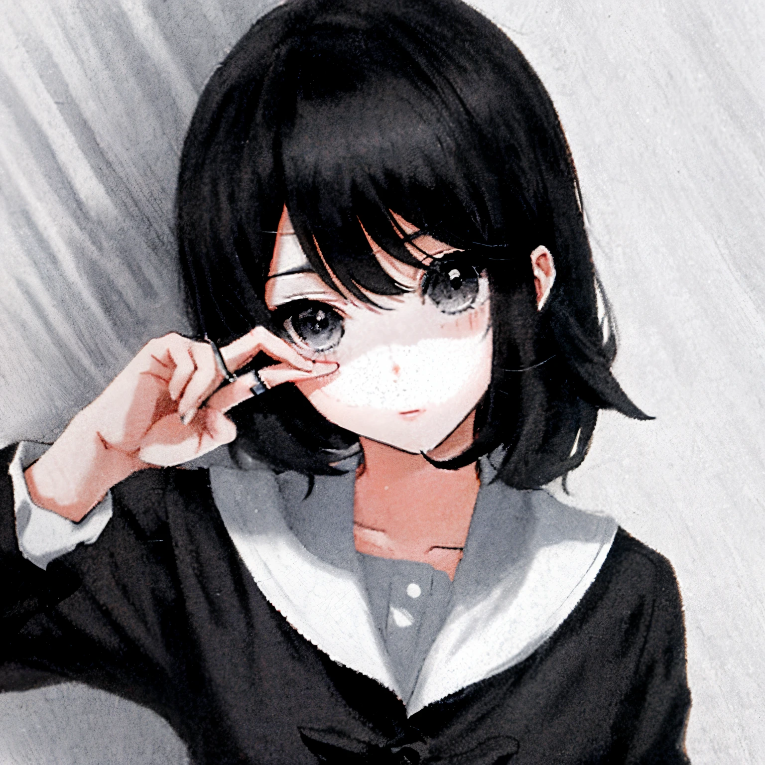 in the style of Chi no Wadachi, manga style, black and white, a girl standing, wearing a light shaded school uniform reaching making peace sign with fingers in front of eye, surrounded by darkness, black hair, shadow over eyes, hair in eyes, perfect hand, face