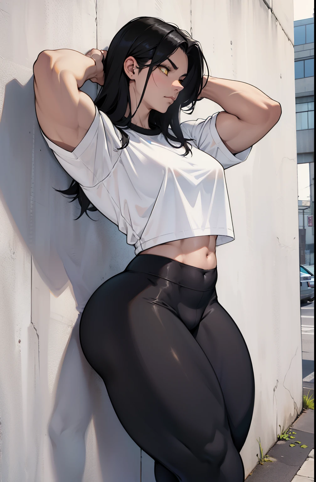 1girl muscular pale skin black hair yellow eyes black against wall frown tight shirt leggings thick thick thick thick muscular muscular muscular