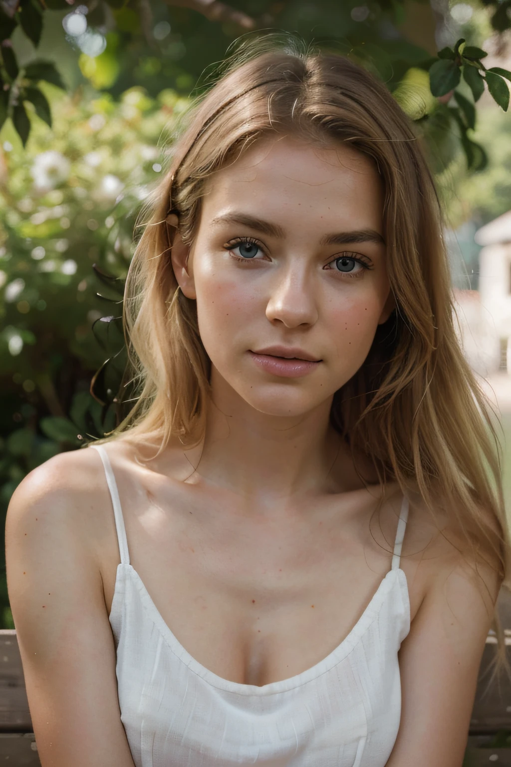 young blonde woman，sitting in a bench in europe , beautiful blonde woman dress white, (masterpiece, best quality, high resolution:1.4), 1girl, angel, skin pores texture, Hair blonde, HD , Photography, movie, cinematic, full Body, Realistic, (8k, RAW photo, best quality, masterpiece:1.2), (realistic, photo-realistic:1.33), best quality, detailed eyes blue, cute,natural lighting, depth of field, film grain, wrinkled skin, sharp, detailed and realistic portrait of a woman ,(freckles:0.5) , outside, wearing a white t shirt, staring at camera, chapped lips, soft natural lighting, portrait photography, magical photography, dramatic lighting, photo realism, ultra-detailed, intimate portrait composition, Leica 50mm,