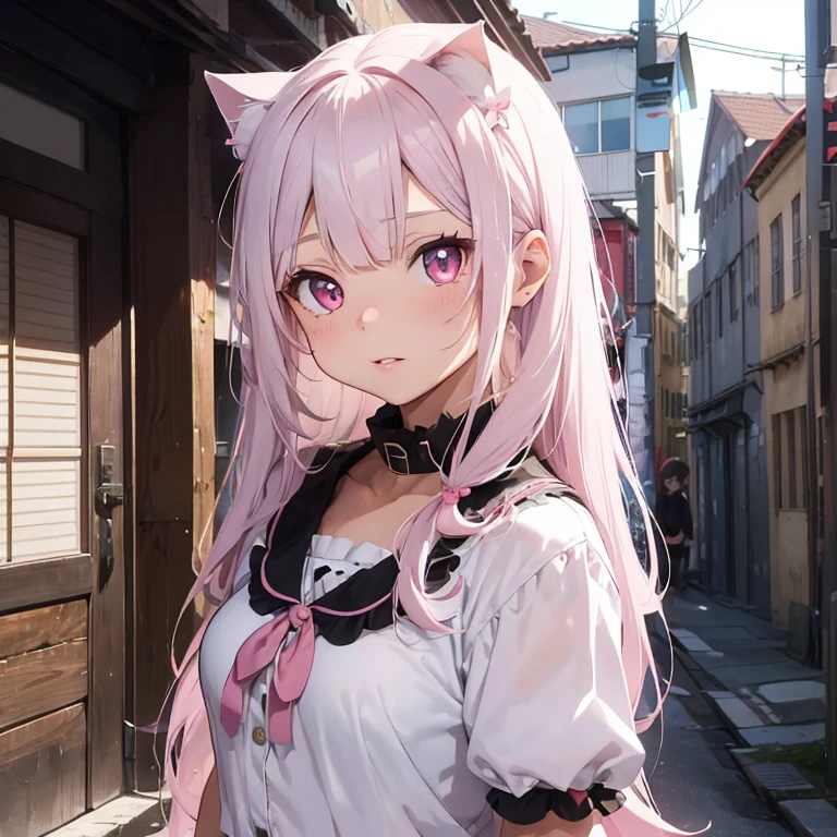 A teenage neko girl, who adheres to kawaii fashion, with long straight white hair with a small pink fringe and a small butterfly clip on her bangs, her eyes are a bright shade of red, her lips have a reddish tone, her nails are in a French style with a mixture of pink as a base and a black stripe at the end