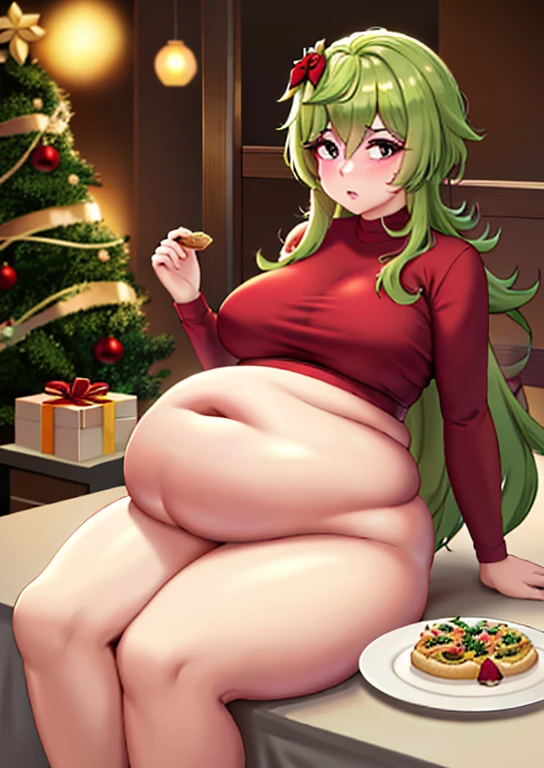 big belly, sitting, pregnant, fat, large stomach, fatty, fat, large belly, standing, fat belly, very fat, large stomach, chubby,very fat, safe for work, obese, giant belly, fat, huge, heavy, very fat, safe for work, fat, large belly, big belly, very fat, large stomach, chubby (best quality, masterpiece), collei genshin impact, Christmas, wearing sweater, table with food, fat, green hair
