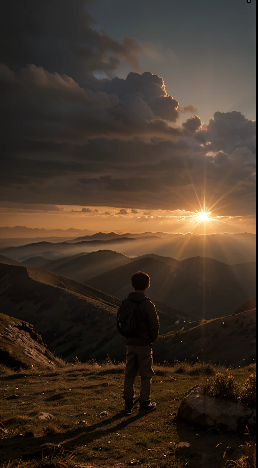 A boy standing alone at a mountain, cloudy , smokey, backlight, sun light, dusky, sun set