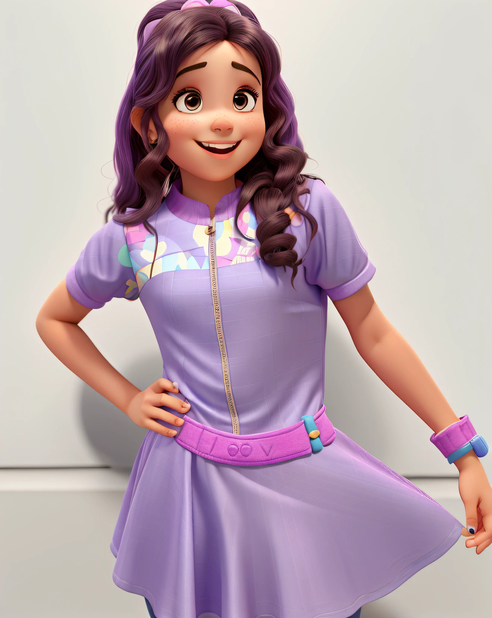 uma ****** feliz de vestido roxo claro, estilo disney pixar, alta qualidade, melhor qualidade