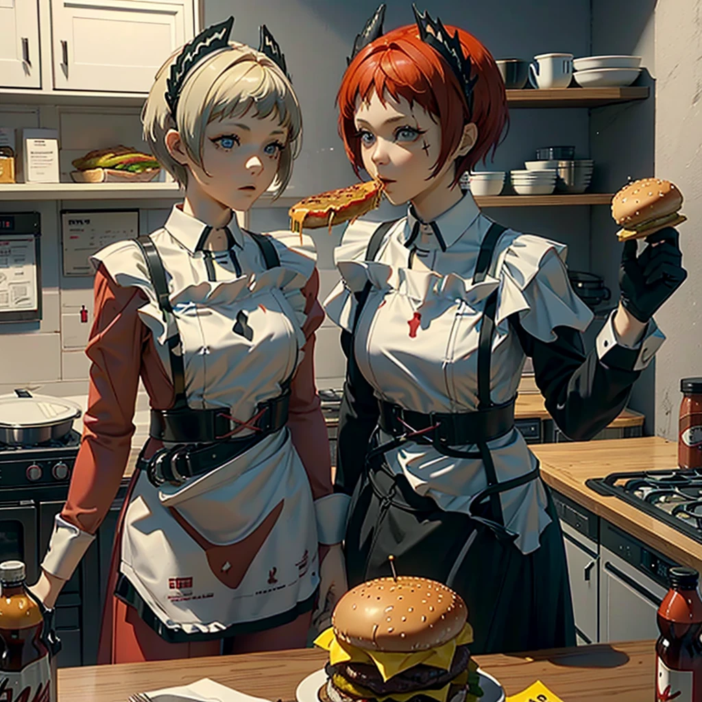 A red hair woman, eating a hamburger, in her nice and clean kitchen with her blonde short hair friend, both are having fun together doing a food war. 4k, unreal engine, cinematic, high quality image.