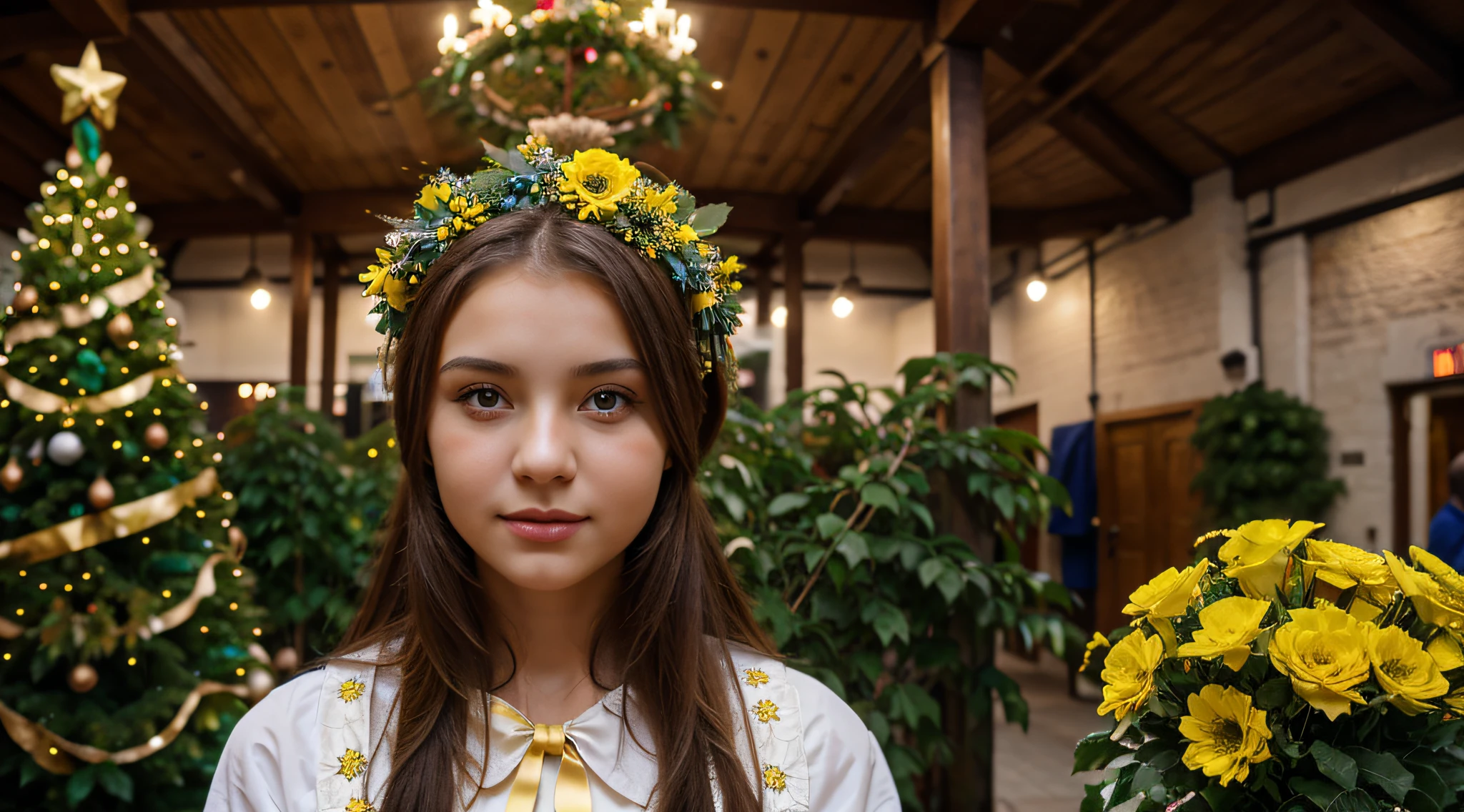 A beautiful Ukrainian girl near a Christmas tree, a yellow and blue wreath of flowers on her head, a Christmas atmosphere,