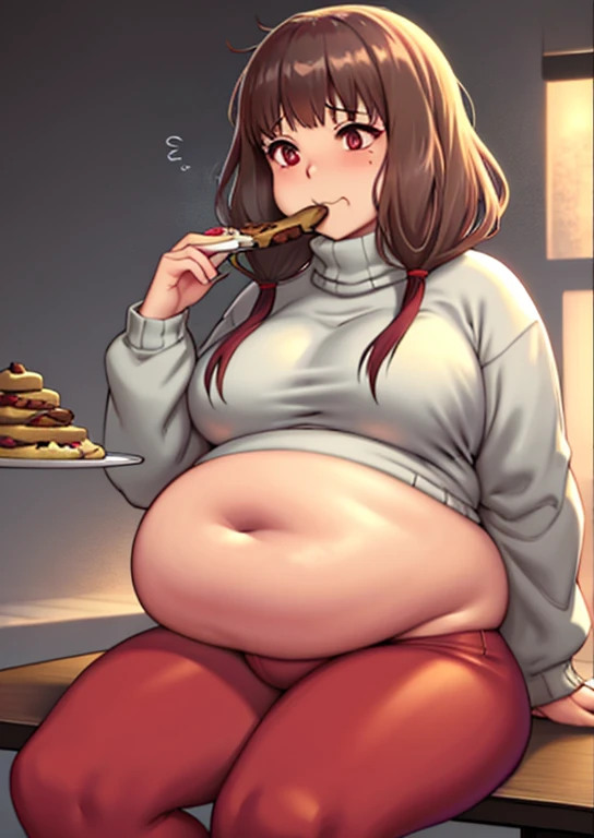 Miko Iino, fat, large belly, chubby, overweight, twin tails, Christmas, wearing sweater, eating, sitting down, table full of food, cookies, eating cookies, very fat,