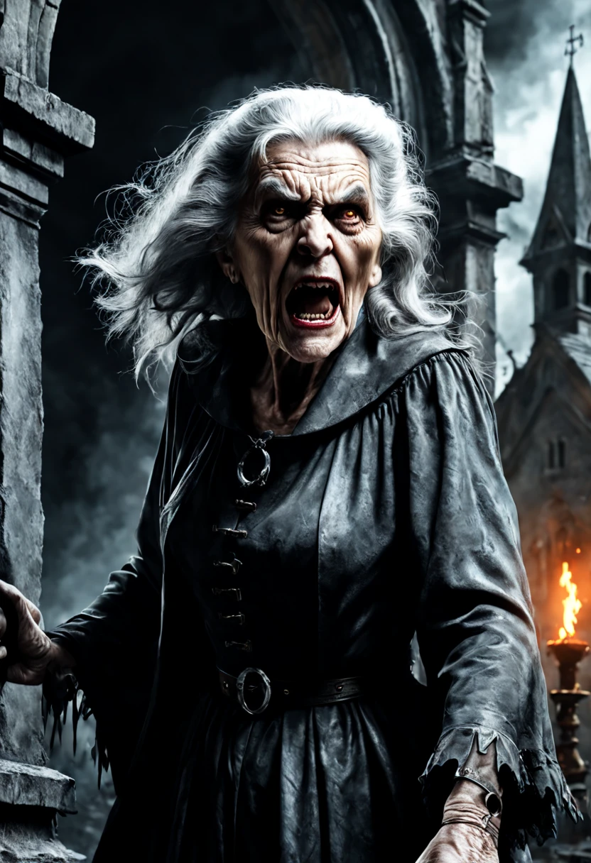 Close-up, old gray haired 90 year old scary witch, old church standing in front of a dark fresco, anger, scream, horror, creepy landscape, gothic cyberpunk style, darkness, shadows, insanely complex and detailed, 8k, best quality, masterpiece, 4k uhd, cgi, unreal engine, chaos, vicious and suffocating horror, darkness, irrevocably drawing in and bewitching abyss of sinful hell, Style Bernie Wrightson, Gabriele Dell'otto, AI Midjourney, bright saturated colors, watercolor, oil paints, HDR, 500px, 4k,