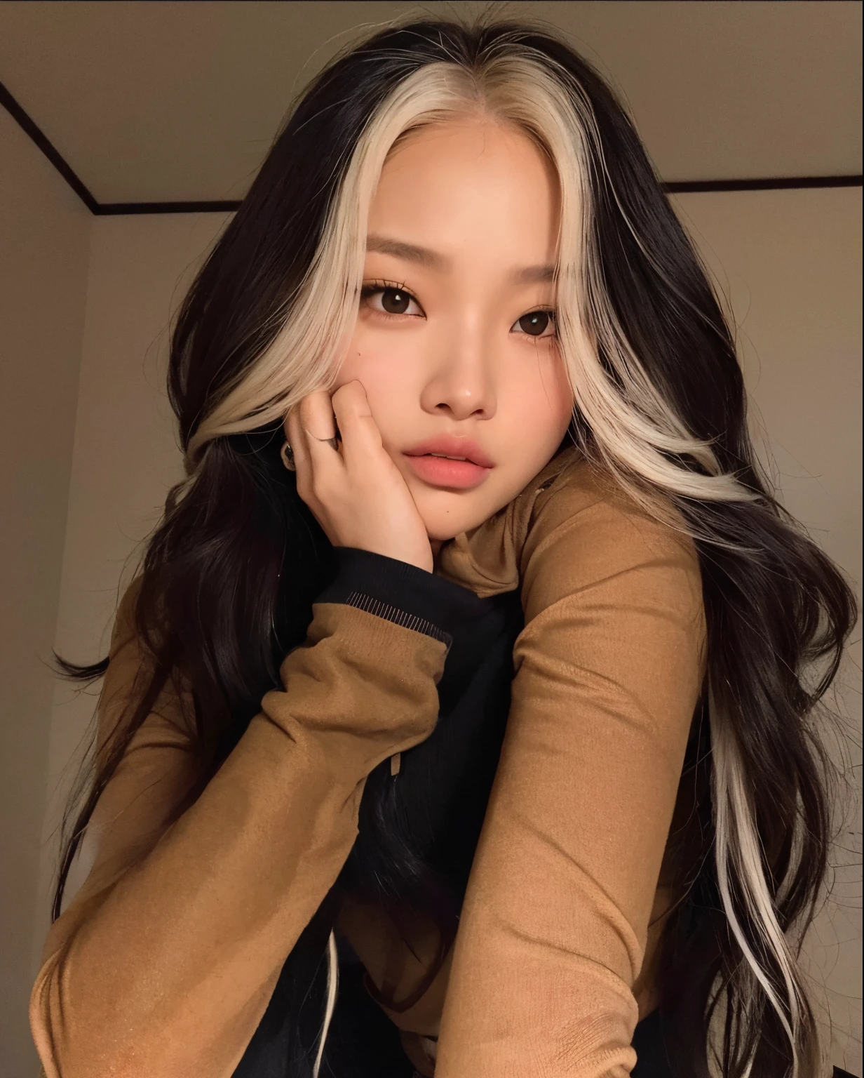 mulher arafa com longos cabelos pretos e uma jaqueta bege, her hair is white, com cabelos longos brancos, branco hime corte penteado, jennie blackpink, com longos cabelos brancos, Destaques brancos no cabelo, Asian girl, Shikami, Retrato de Jossi de Blackpink, menina coreana, Asian girl with long hair, com cabelos longos, Parque Roseanne do Blackpink