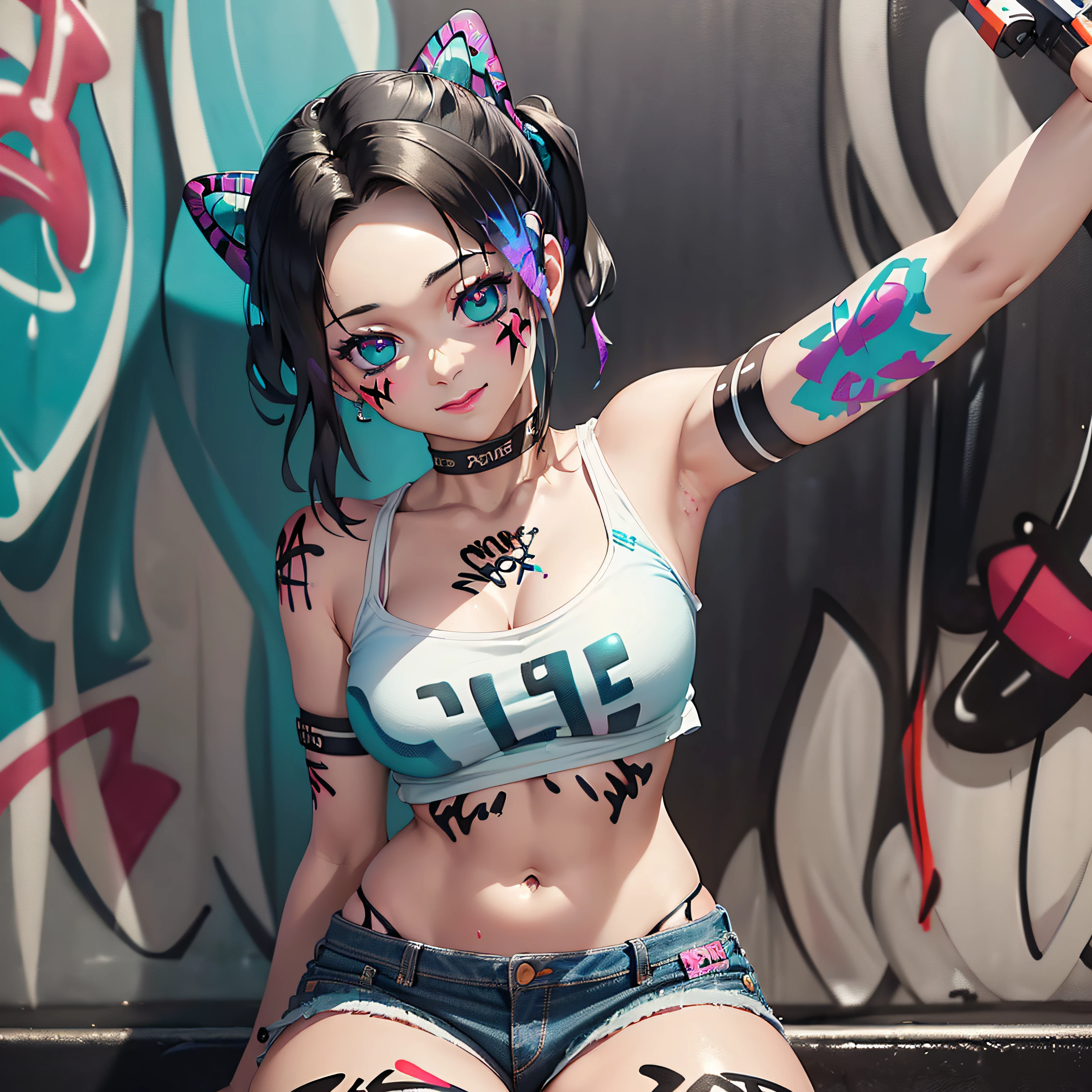 ultra realistic 8k cg, masterpiece, ((ultra-detailed background, delicate pattern, intricate detail)), (highly detailed, fine details), best quality, (photorealistic:1.4), beautiful lighting,  absurd res, RAW photo, masterpiece, best quality, (extremely detailed CG unity 8k wallpaper, masterpiece, best quality, ultra-detailed, masterpiece, best quality, 1girl, solo, crop top, denim shorts, choker, (graffiti:1.5), paint splatter, arms behind back, against wall, looking at viewer, armband, thigh strap, paint on body, head tilt, smiling, black hair, aqua eyes, headset, Shinobu Kocho