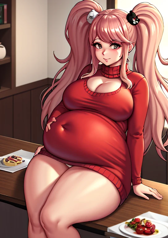 big belly, sitting, pregnant, fat, large stomach, fatty, fat, large belly, standing, fat belly, very fat, large stomach, chubby,very fat, safe for work, obese, giant belly, fat, huge, heavy, very fat, safe for work, fat, large belly, big belly, very fat, large stomach, chubby (best quality, masterpiece), Junko Enoshima, Christmas, wearing sweater, table with food, fat