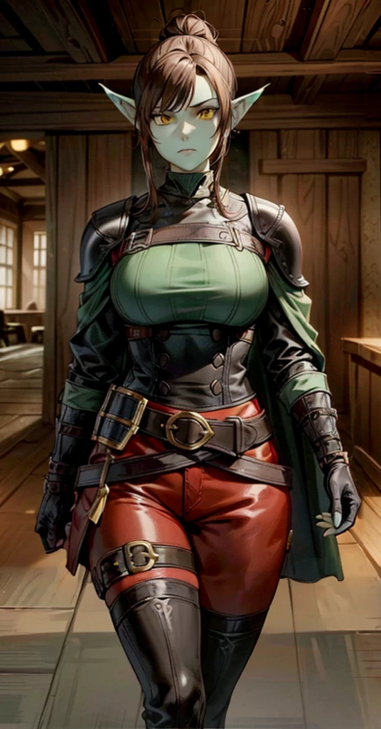 high detailed muscular_female 1girl, (goblin:0.7), green_skin,, black_hair hair_bun single_hair_bun, serious, (yellow_eyes), (animal_nose:1.2), pointed_ears, leather_armor green_cape, leather_gloves, leather_pants baggy_pants, belt, belt_pounch, sheath, warrior, simple_background, female_focus cowboy_shot solo, final fantasy tactics, jrpg, demacia, vox machina style