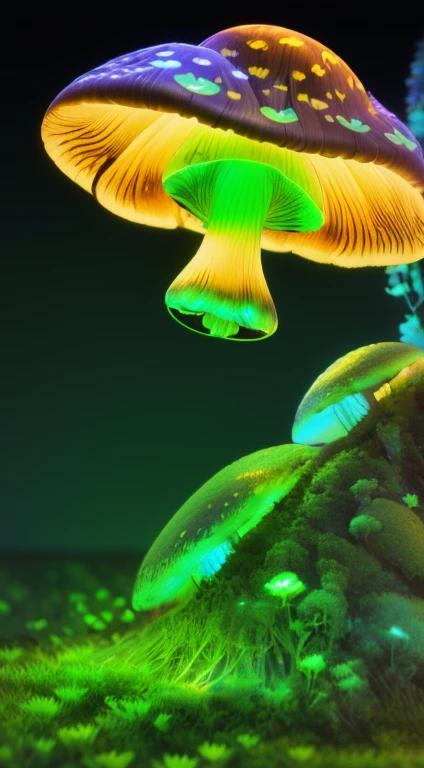 ((luminescence mushroom))), (masterpiece),(best quality:1.1),(ultra-detailed),best illustration,finely detail,hand drawn high quality,High contrast,(clean lines:1.3) mushrooms,(Intricate details:1.3),(detailed background:1.2),(colored background:1.1),sketch,Intricate details,High Resolution, plantcells, a plant girl, green skin, flowers around, dark background