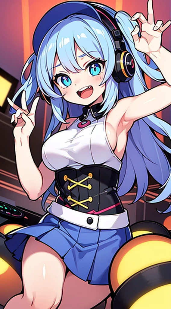 (playing DJ),in the DJ booth,large breast,large Thigh,hip-hop clothing,masterpiece,ultra detail,ultra quality,ultra precision,8K,No extra arms,No extra hands,No extra fingers,No extra legs,ultra detail cute face,ultra detail cute eyes,animated texture,laughing,open mouth,neonlights,