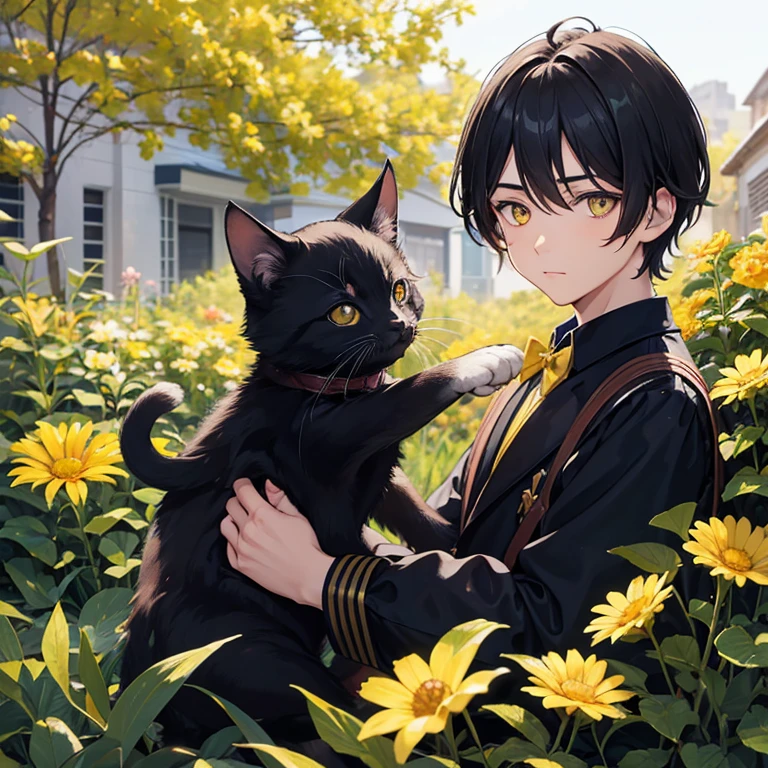 Boy with dark straight hair and yellow eyes with a yellow kitten near a square with a flower bush in the background