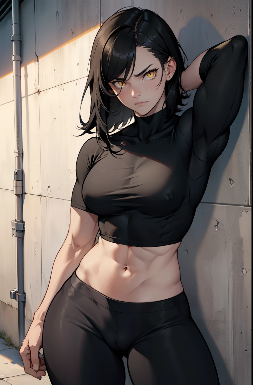 1girl muscular pale skin black hair yellow eyes black against wall frown tight shirt leggings thick toned body