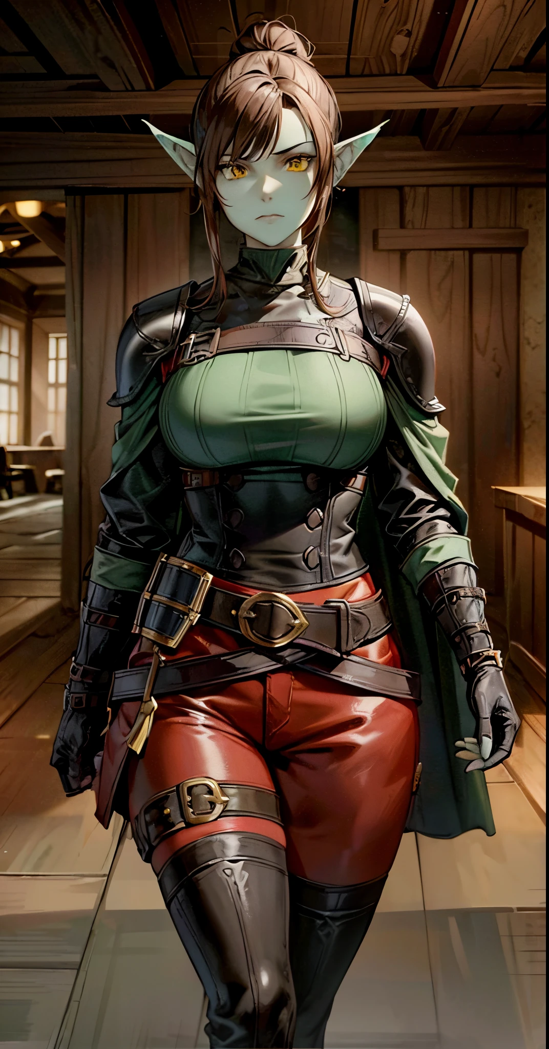 high detailed muscular_female 1girl, (goblin:0.7), green_skin,, black_hair hair_bun single_hair_bun, serious, (yellow_eyes), (animal_nose:1.2), pointed_ears, leather_armor green_cape, leather_gloves, leather_pants baggy_pants, belt, belt_pounch, sheath, warrior, simple_background, female_focus cowboy_shot solo, final fantasy tactics, jrpg, demacia, vox machina style