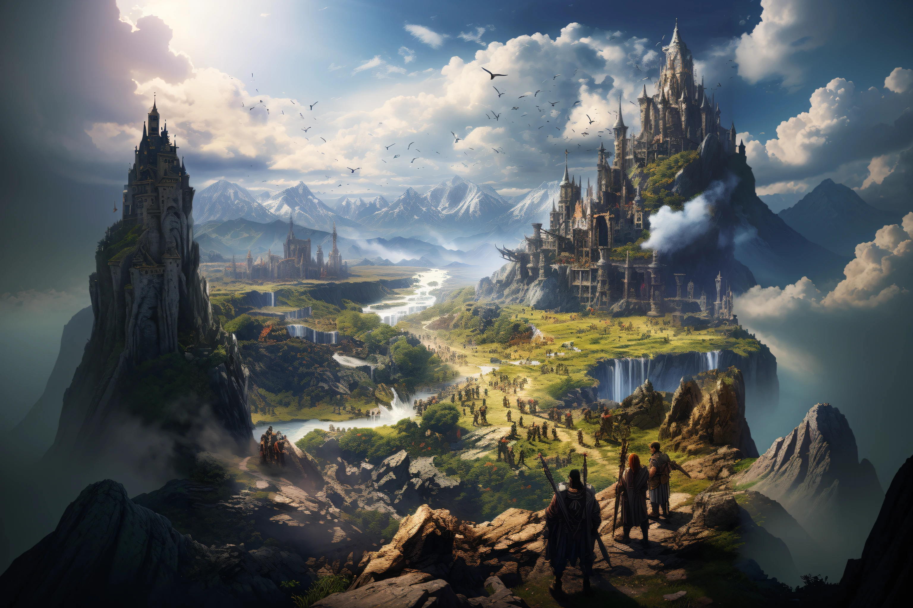 there are people standing on a mountain overlooking a castle, paisagem da fantasia medieval, arte do jogo de fantasia medieval, epic fantasy landscape, Tinta escura de alta fantasia, Arte de fantasia 4k, Arte de fantasia 8k, fantasy epic digital art, paisagem de fantasia impressionante, Unreal Engine Arte de fantasia, Andreas Rocha e John Howe, arte chave, arte do jogo pintura fosca, epic fantasy game art