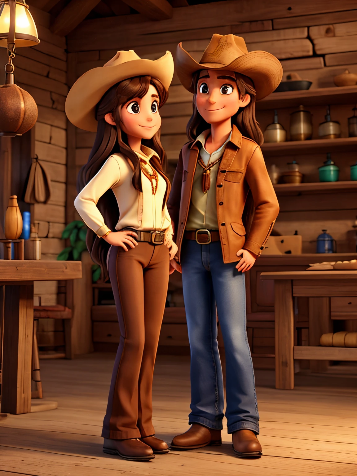 Tall dark haired cowboy with tall long brown haired cowgirl with bell bottoms