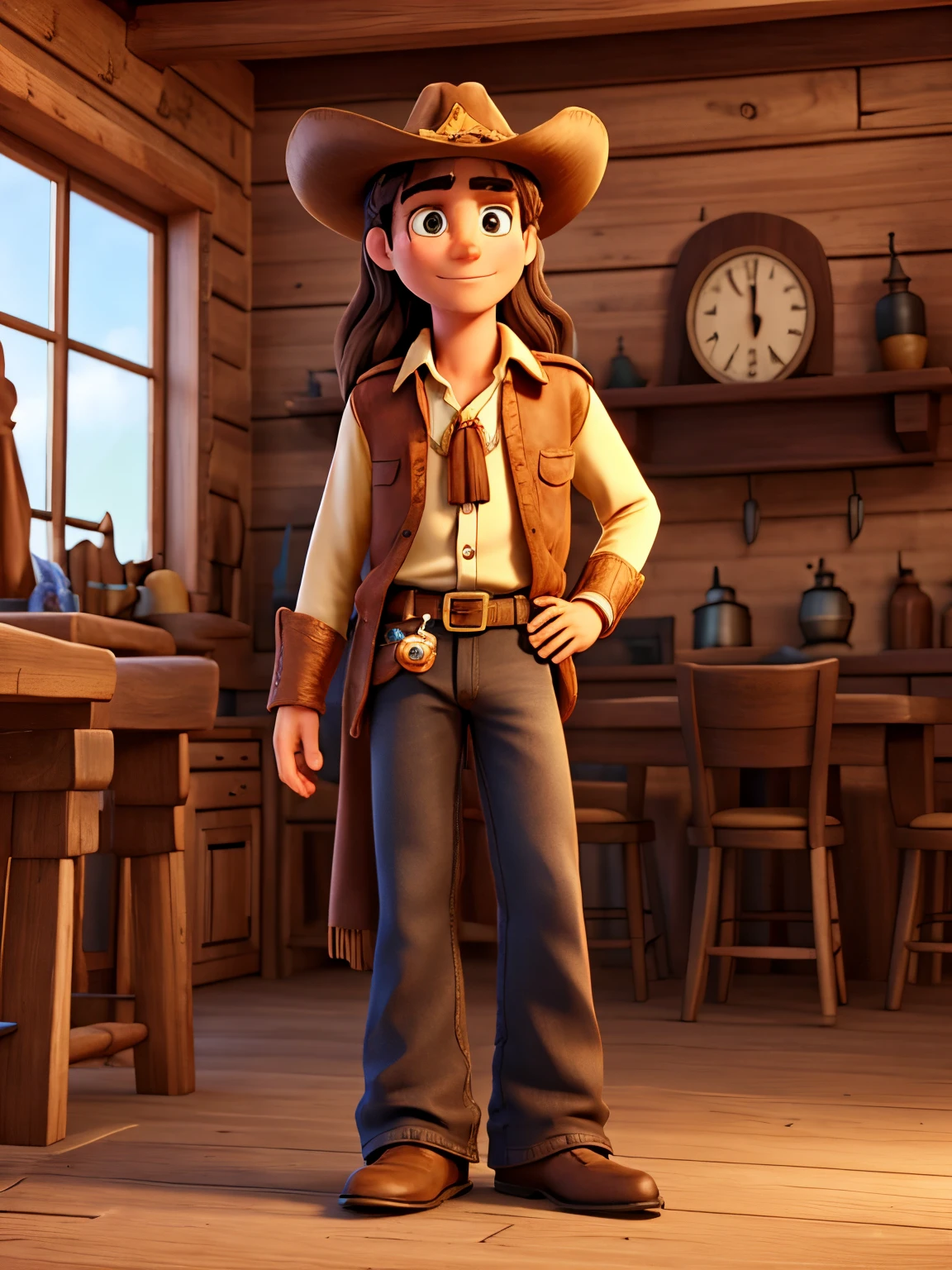 Tall dark haired cowboy with tall long brown haired cowgirl with bell bottoms