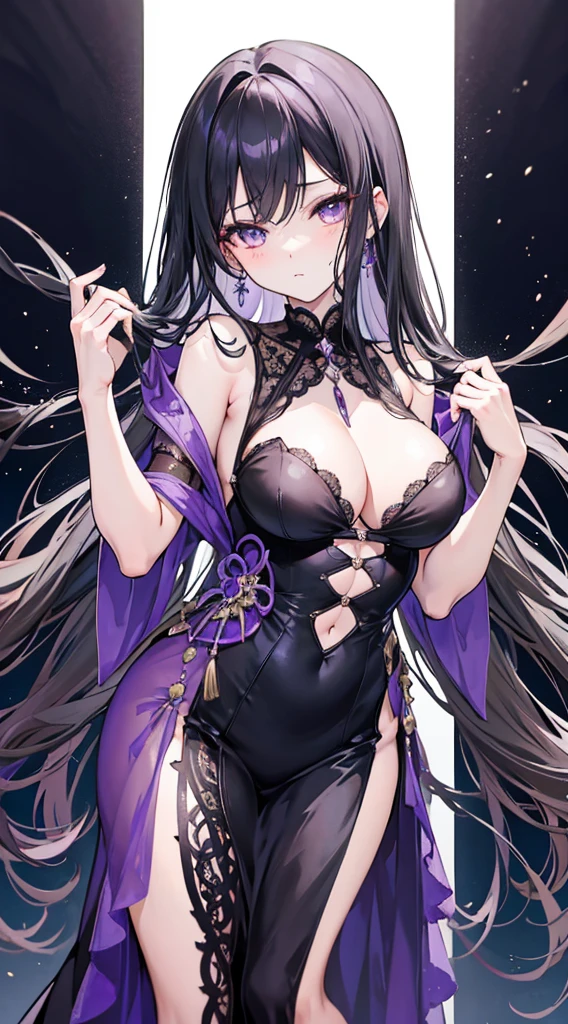 anime girl with sultry charm—she has deep, amethyst-colored eyes that exude mystery and allure. Her flowing, onyx-black hair falls gracefully around her shoulders, framing her face with an air of sophistication. Dressed in an elegant, form-fitting evening gown with subtle lace details, she carries herself with confidence, leaving an enigmatic impression as she captivates those around her.