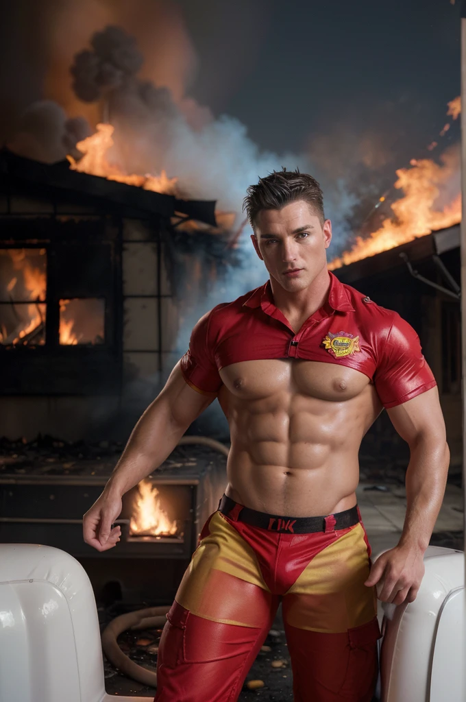 Sexuelles​ fire fighter guy, (handsome), VPL, Sexuelles​ Uniforms and Underwear​, in front a burning house , (Seduction​ look​), manly, muscular , hyper-realistic, Photo-real, ​ sexually​ pose​, alluring, hyper-realistic