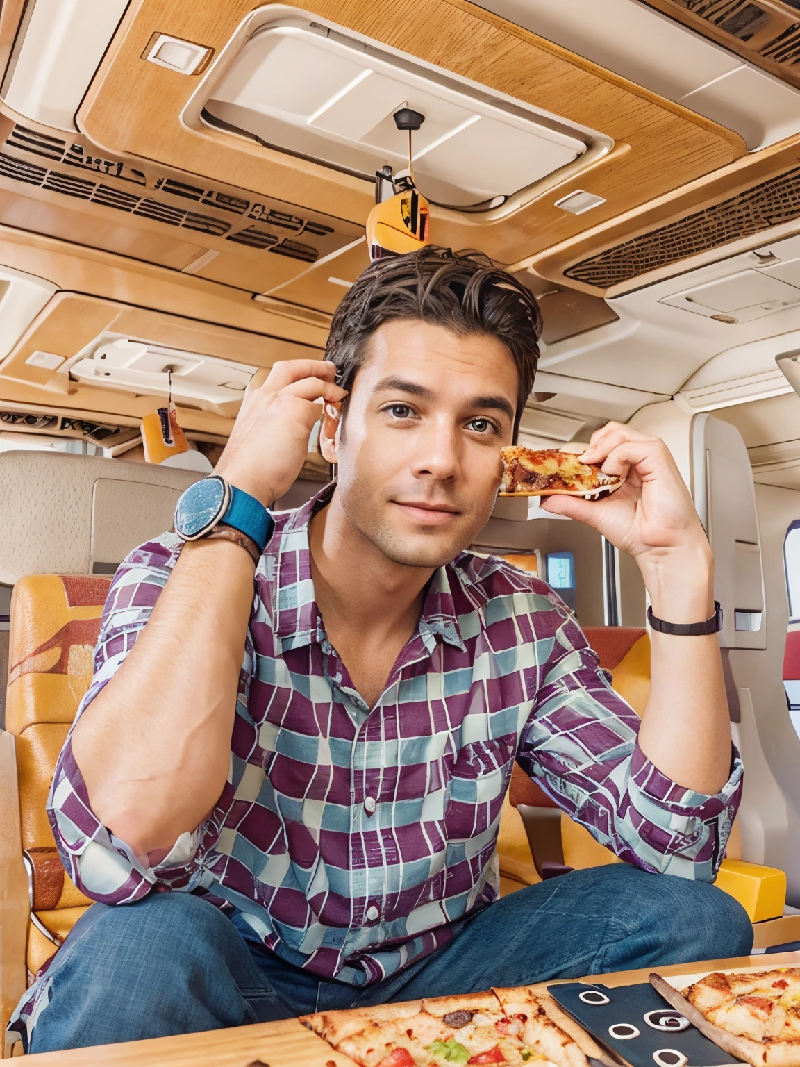 Change the background to the plane seat and in table with a bottle of wine and pizza