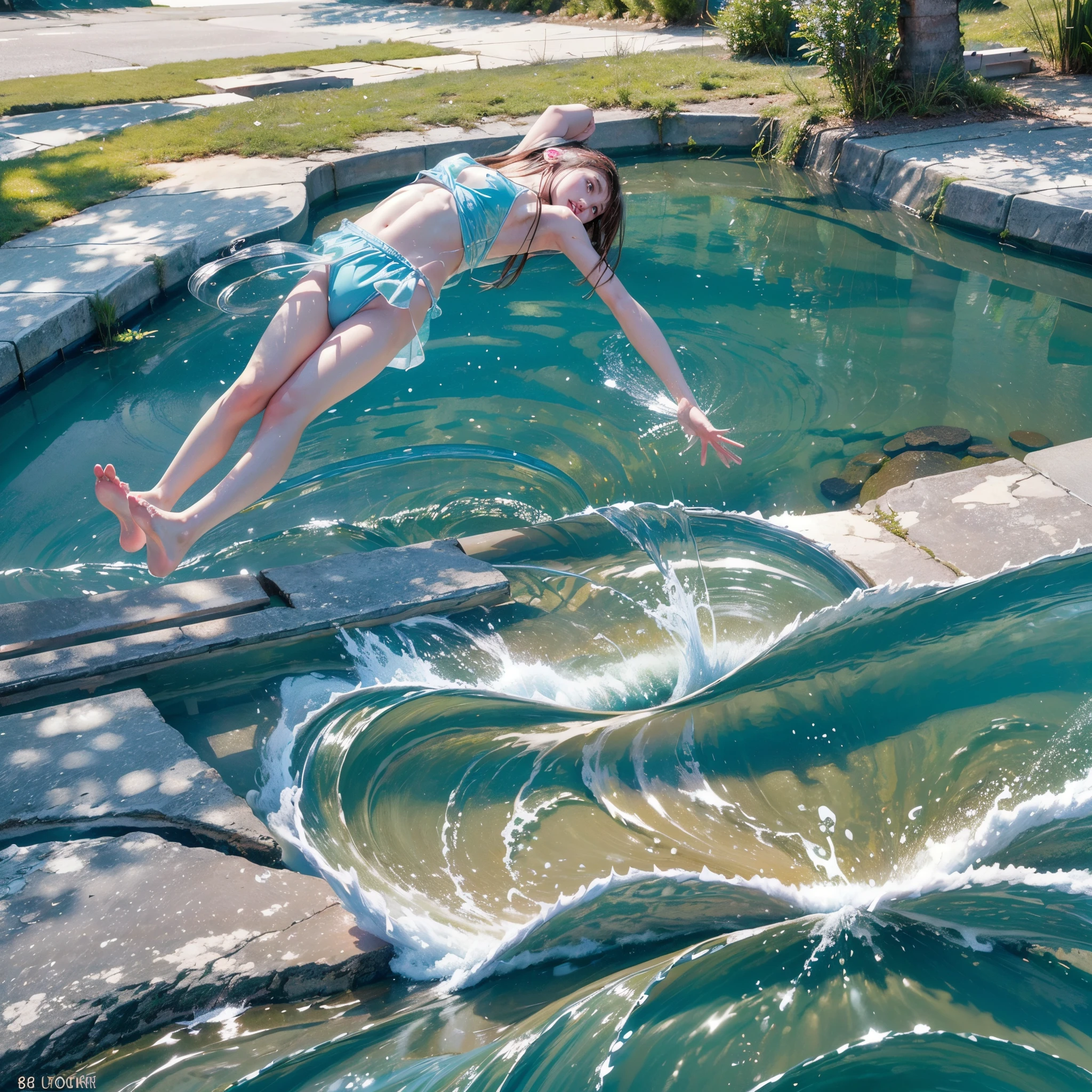 (8K, Original photography, Top image quality, masterpiece: 1.4), hyper HD, (Realistic, 真实感: 1.48), realisticlying, A high resolution, softlighting. Tiny Girls, girl jumping into the water、Falling、jump into the water, diving to water surface