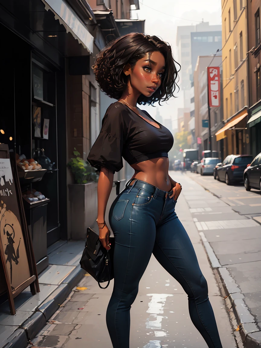 Side profile of a Dark-skin Gorgeous black woman with cinnamon skin in a city, bright colors, vivid, intricate,Ultra HD picture quality masterpiece, full body, alluring, urban hip hop casual shirt and blue jeans, wlop, Stanley Artgerm, character design, watercolor art, "(best quality,ultra-detailed),Dark Ebony skin,Ebony skinned female:1.1,beautiful detailed brown eyes, beautiful detailed lips, straight long black hair, African art, chocolate skin color, dark skin, dark skinned, ebony nose, matte illustration, mythical pathway