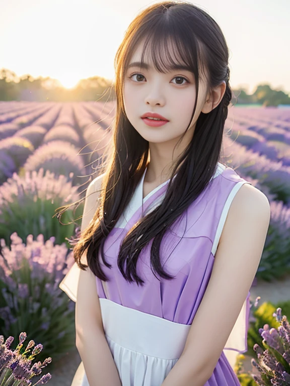(((fully body photo)))), ((single eye lid))),((Sunset Backlight))),(Lens Flare Glow)),(Wear classic clothes)),(Super Soft Focus)))))), ssmile, (Configuration file)))), (Upp)), at the sunset, Showers, Colorful lavender on background, Surrounded by lavender flowers, Take lavender((Pastel sunset)), (yinchuan:1.5), tmasterpiece, best qualtiy, RAW photogr, Photorealsitic, faces, Buatigarh, adolable, short detailed hair, ((((depth of fields)))), hight resolution, Hyper-detailing, finedetail, Very detailed, cinmatic lighting