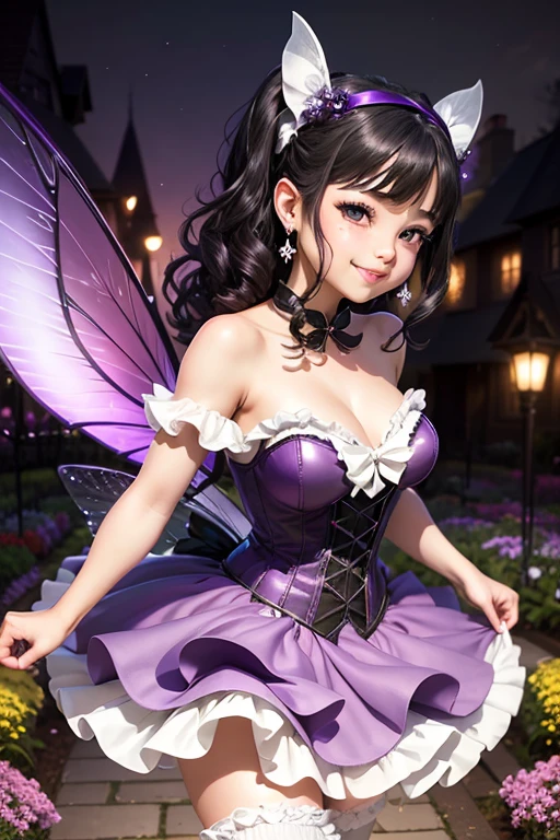 A Fairy, fairy wings , Dark and Purple Hair , blushing face , (Best quality:1.1), (Masterpiece:1.4), 1fille, (cheveux volumineux)+ , ((curly hair))++, cheveux longs , (Yeux Bleux) , Cheveux courts, gros seins, gros seins , (big lips)+ , Bas en dentelles, Bas noirs , peau brillante, brillant, starry night, dans une chambre, Bas dentelle,